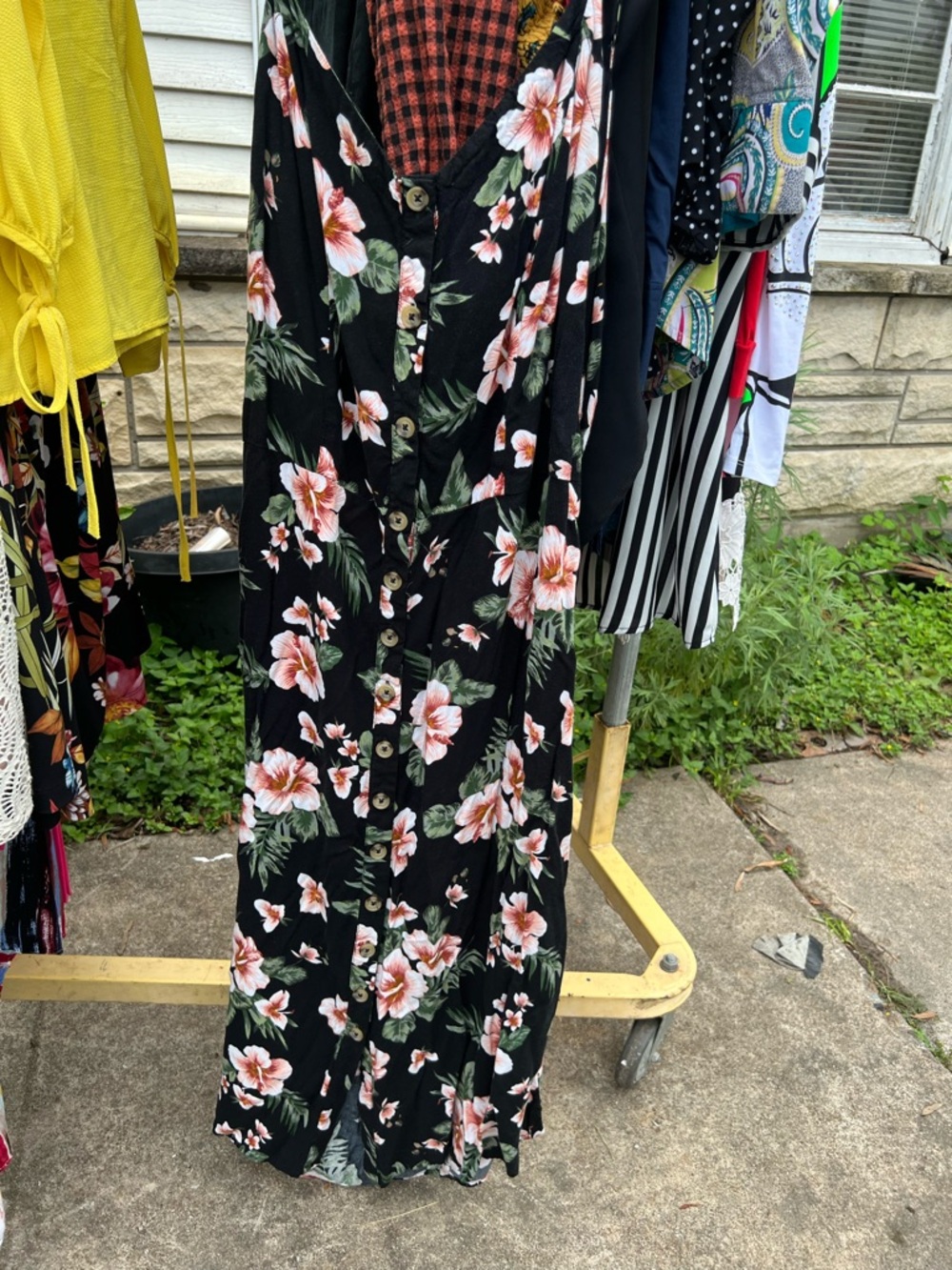 Floral Button-Front Black Maxi Dress - Pink & Green Bloom